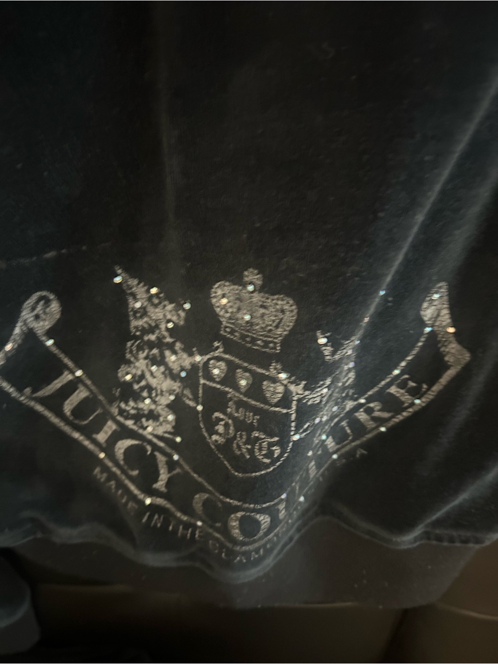 Juicy Couture Black Velvet Logo Sweatshirt with Rhinestone Crest